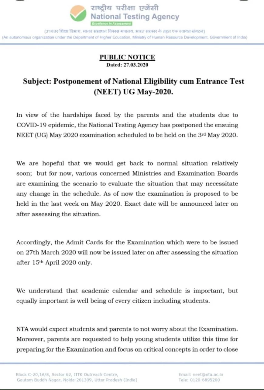 Official NTA Notification on NEET 2020 (UG) Exam Date Postponement