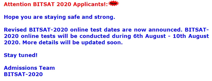 Official Notice Published on BITSAT Official Website Regarding BITSAT 2020 Exam dates