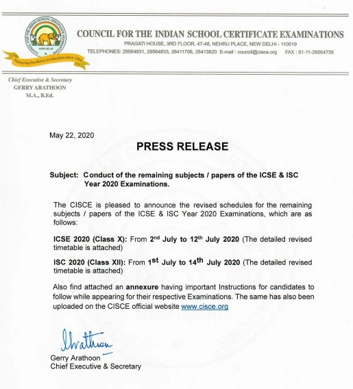 official notice released by the board for the conduct of the pending exams of the ICSE and ISC Year 2020 Examinations