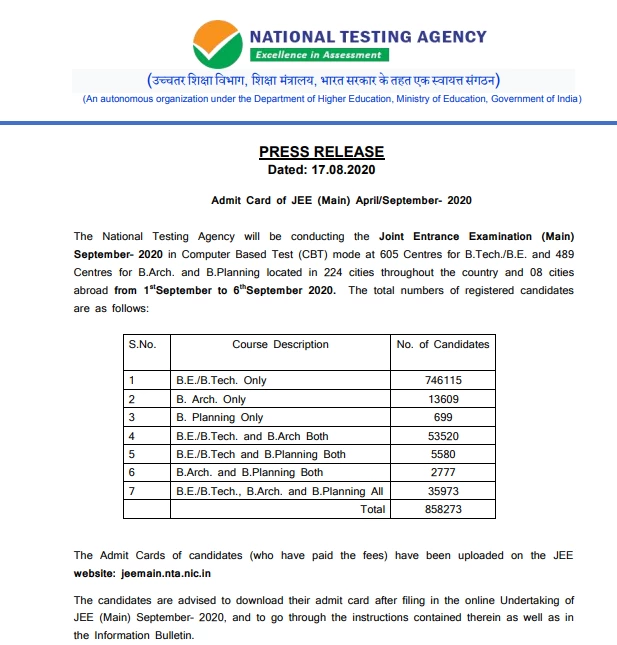 Official Press Release by the NTA regarding JEE Main 2020 Admit Card