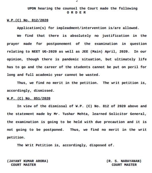 Supreme court order for NEET 2020 and JEE Main 2020