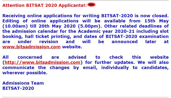 BITSAT 2020 Application Form Correction Facility, as released on its official website 