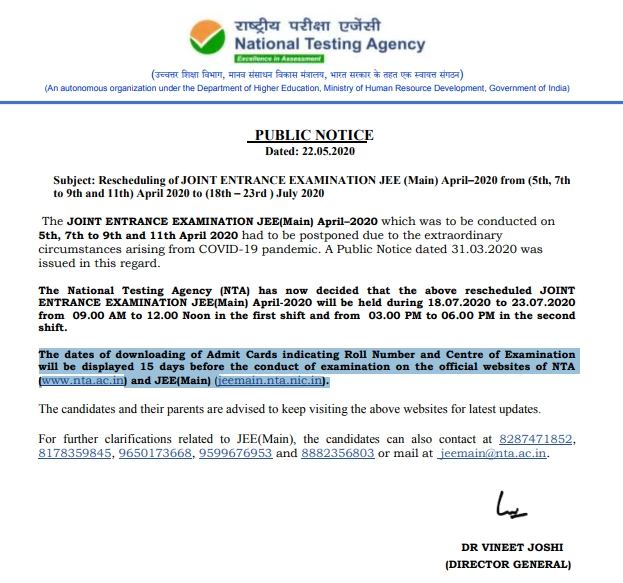 Official notification by the NTA on JEE Main 2020 Exam