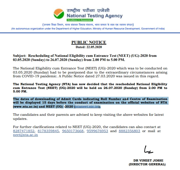 Official Notification by the NTA on NEET 2020 Exam