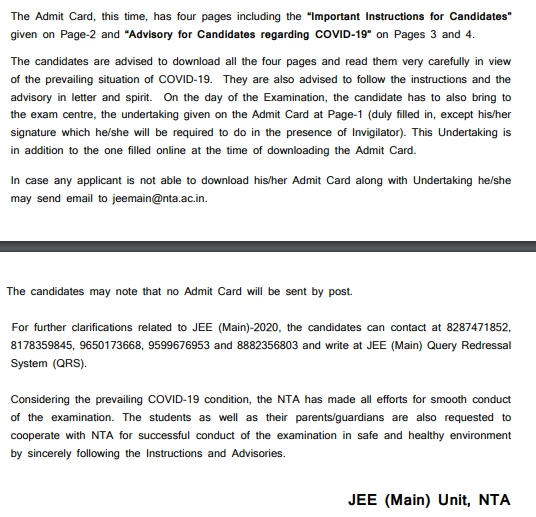 Official Press Release by the NTA regarding JEE Main 2020 Admit Card