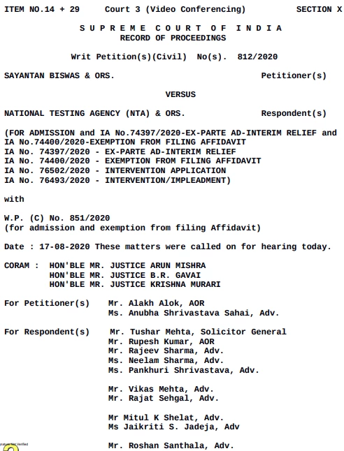 Supreme court order for NEET 2020 and JEE Main 2020