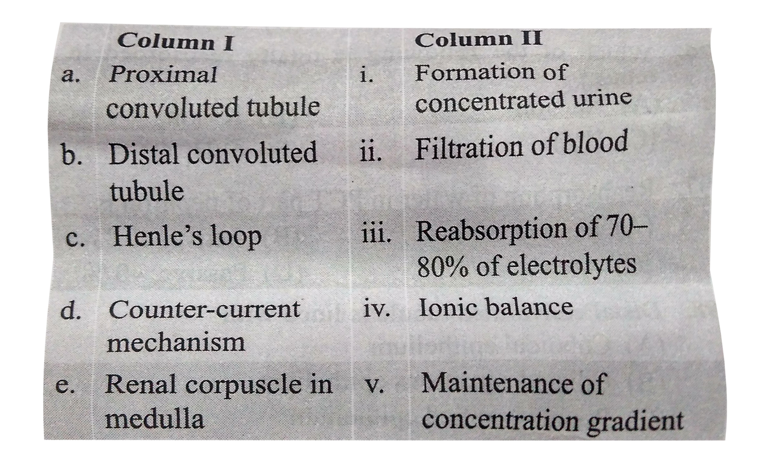 Match the terms given in Column I with their physiologicalÂ processes given in column ii and choose the correct answer.