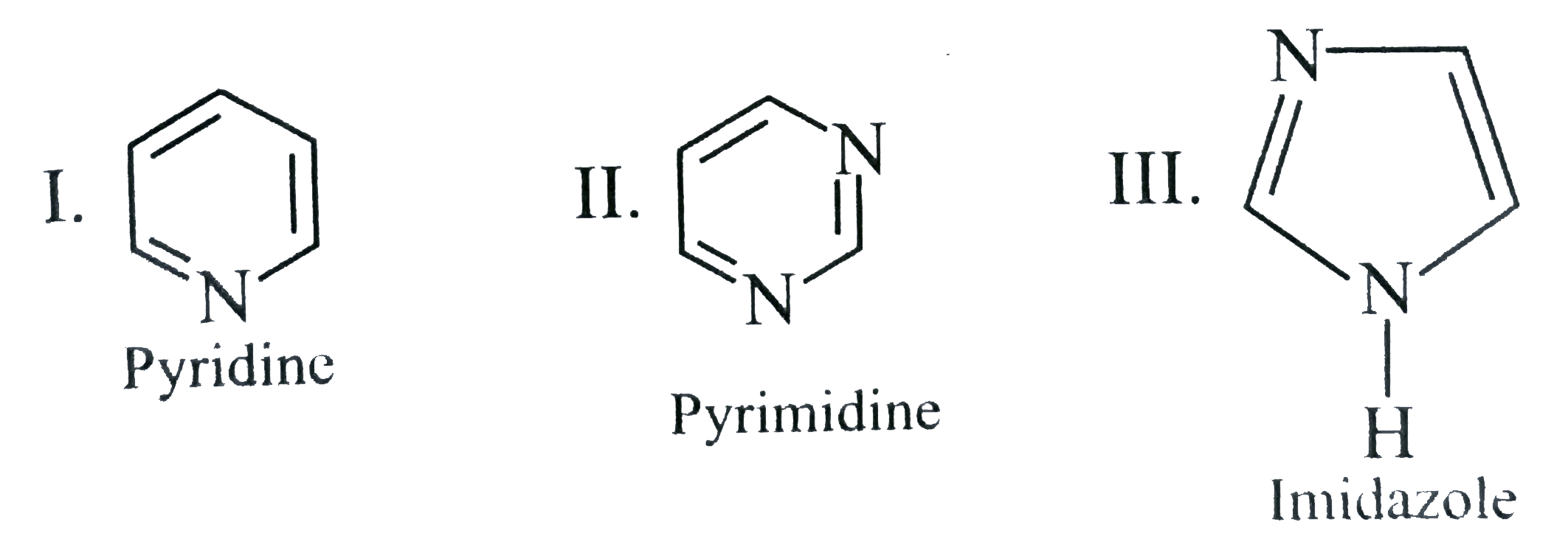 Three heterocyclic amines are shown below I= pyridine,   II= pyrimidine, III= imidazole. What is the order of increasing? (weaker lt stronger base)