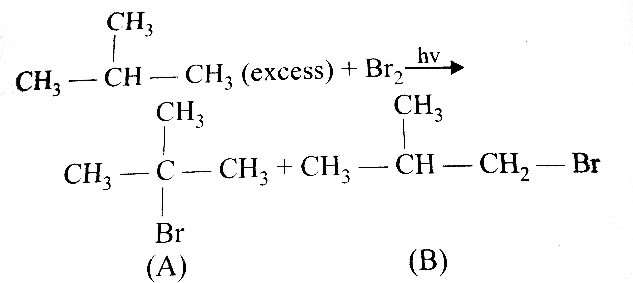 The relative reactivity of 1^(@)H,2^(@)H and 3^(@)H in bromination reaction has been found to be  : 82: 1600 respectively. In the reaction.       The percentage yields of the products (A) and (B) respectively are expected to be