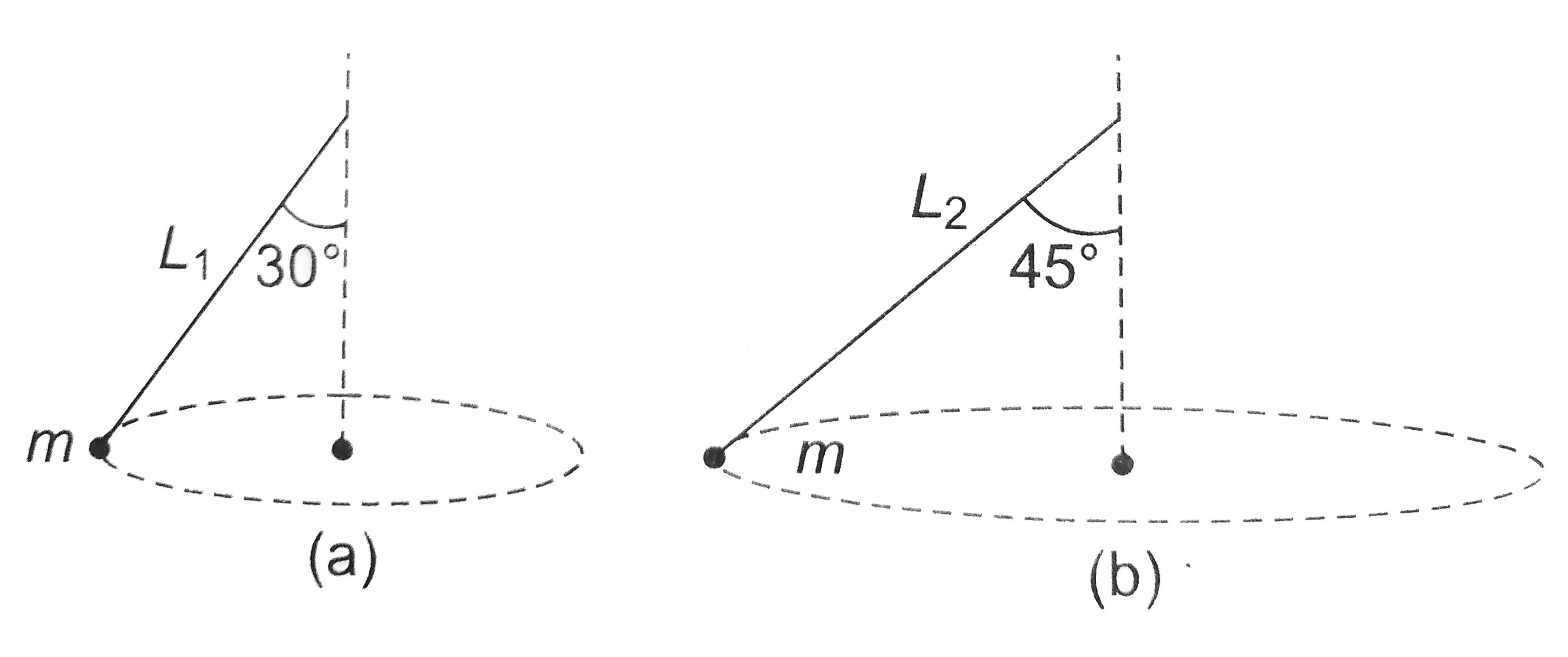 Two partical tied to different strings are whirled in a horizontal circle as shown in figure. The ratio of lengths of the string so that they complete their circular path with equal time period is:
