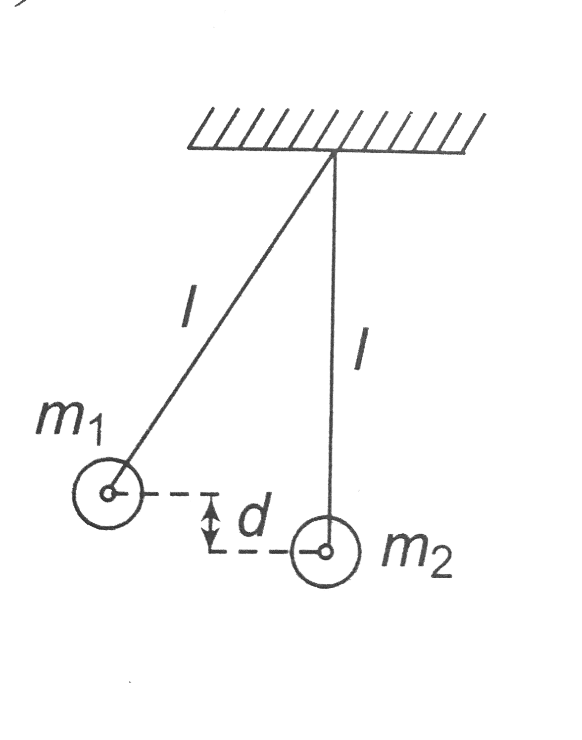 Two pendulum each of length l are initial situated as shown in figure. The first pendulum is released and strikes the second . Assume that the collision is completely inelastic and neglect the mass of the string and any frictional effects. How high does the center of mass rise after the collision?