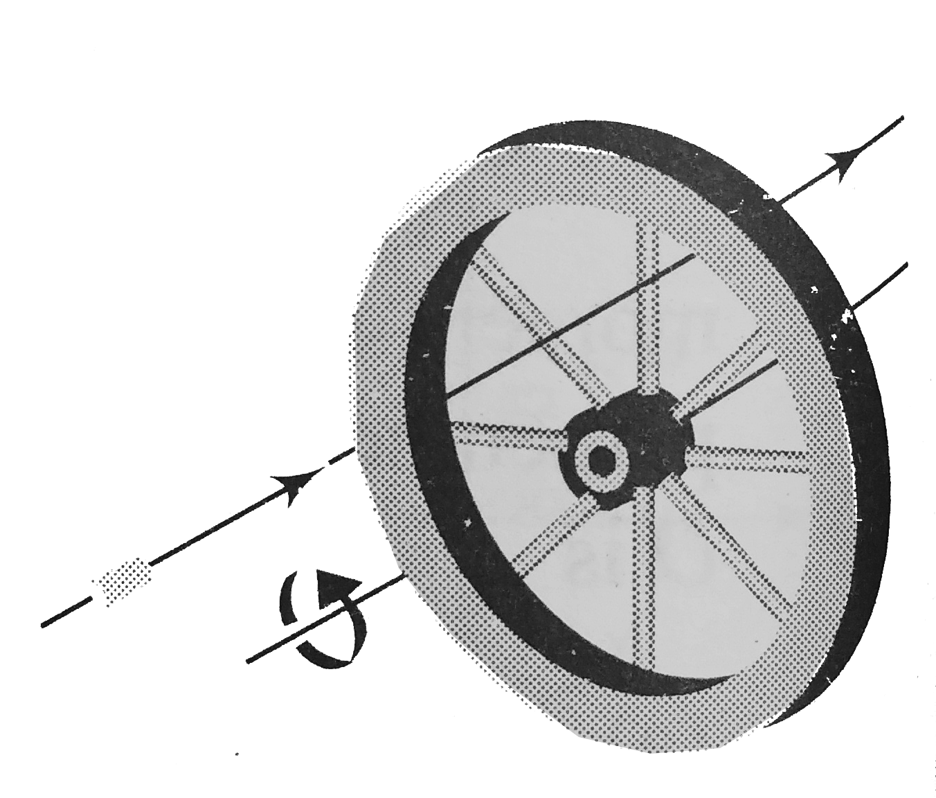 The wheel in figure has eight equally spaced spokes and of 30 cm. It is mounted on a fixed axle and is spinning at 2.5 rev//s. You want to shoot a 20-cm-long arrow parallel to this axle and through the wheel without hitting any of the spokes. Assume that the arrow and the spokes are very thin. What minimum speed must the arrow and the spokes are very thin. What minimum speed must the arrow have ?   .