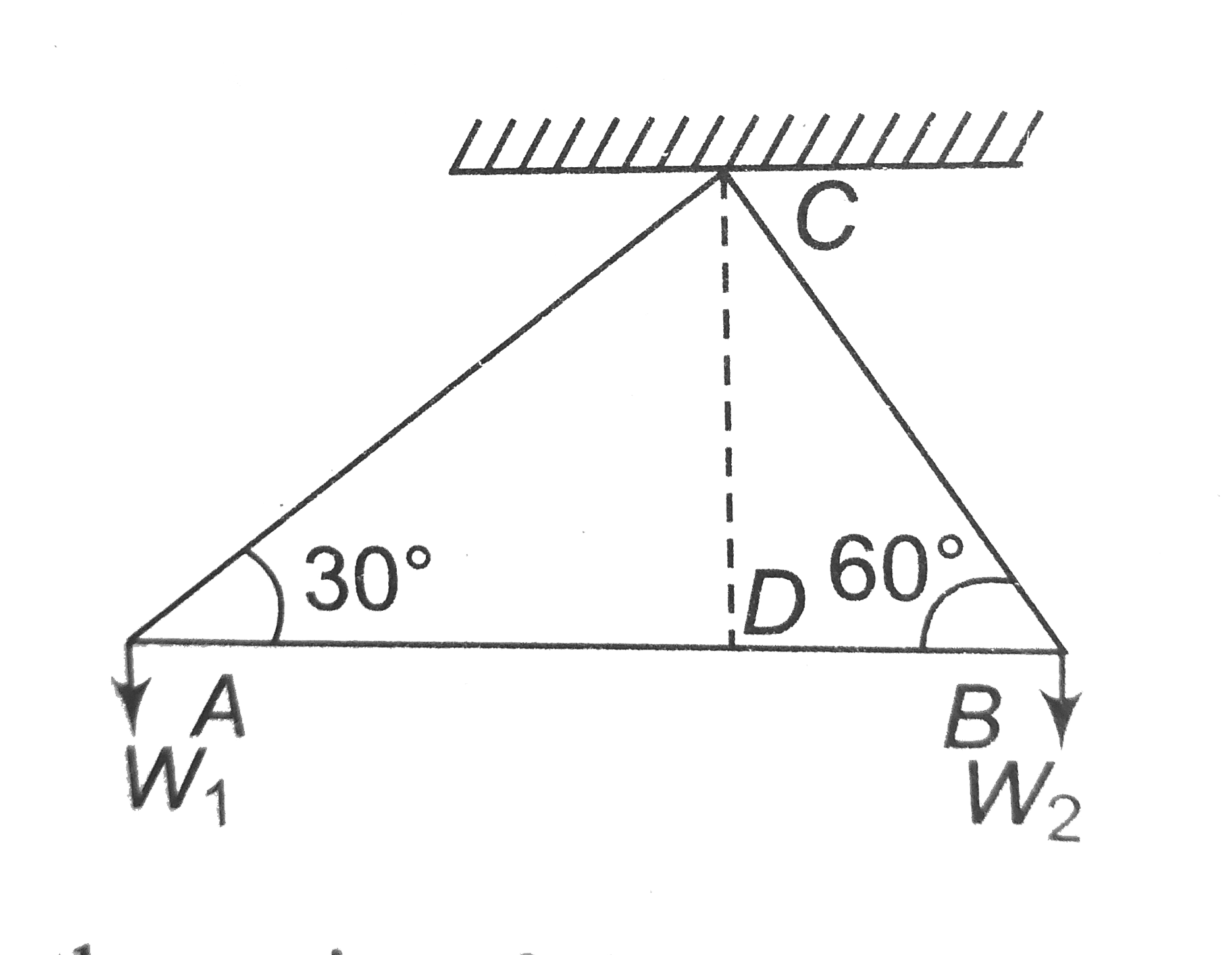 A triangular set  square of angles 30^@, 60^@, 90^@ and of negligible mass is suspended freely from the right angled corner and weights are hung at the two corners. If the hypotenuse of the set square sets horizontally, then the ratio of the weights W1//W2 is.   .