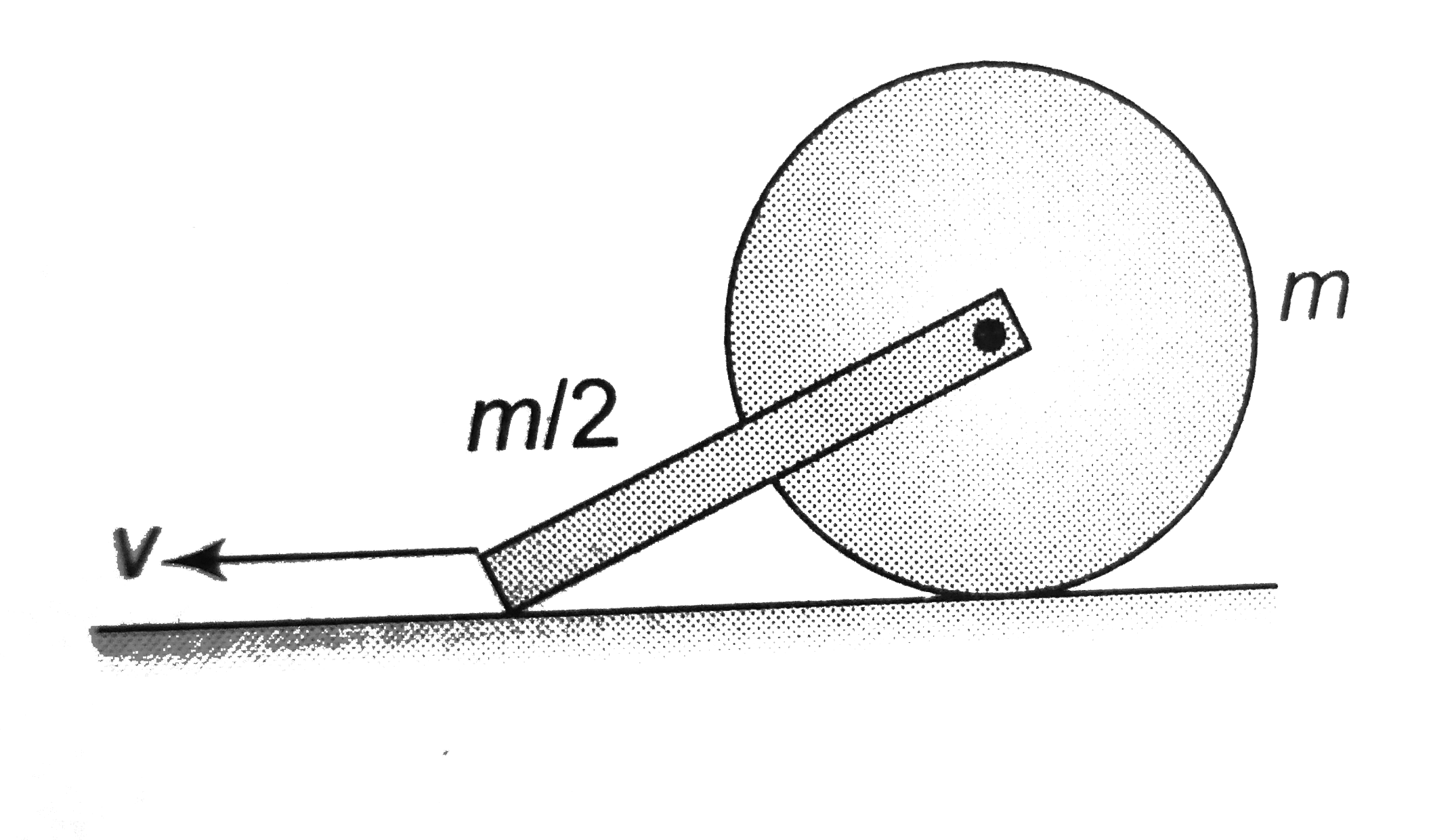 A uniform disc of mass m is fitted (pivoted smoothly) with a rod of mass m//2. If the bottom of the rod os pulled with a velocity v, it moves without changing its and of orientation and the disc rolls without sliding. Take kinetic energy of the system (rod + disc) is.   .
