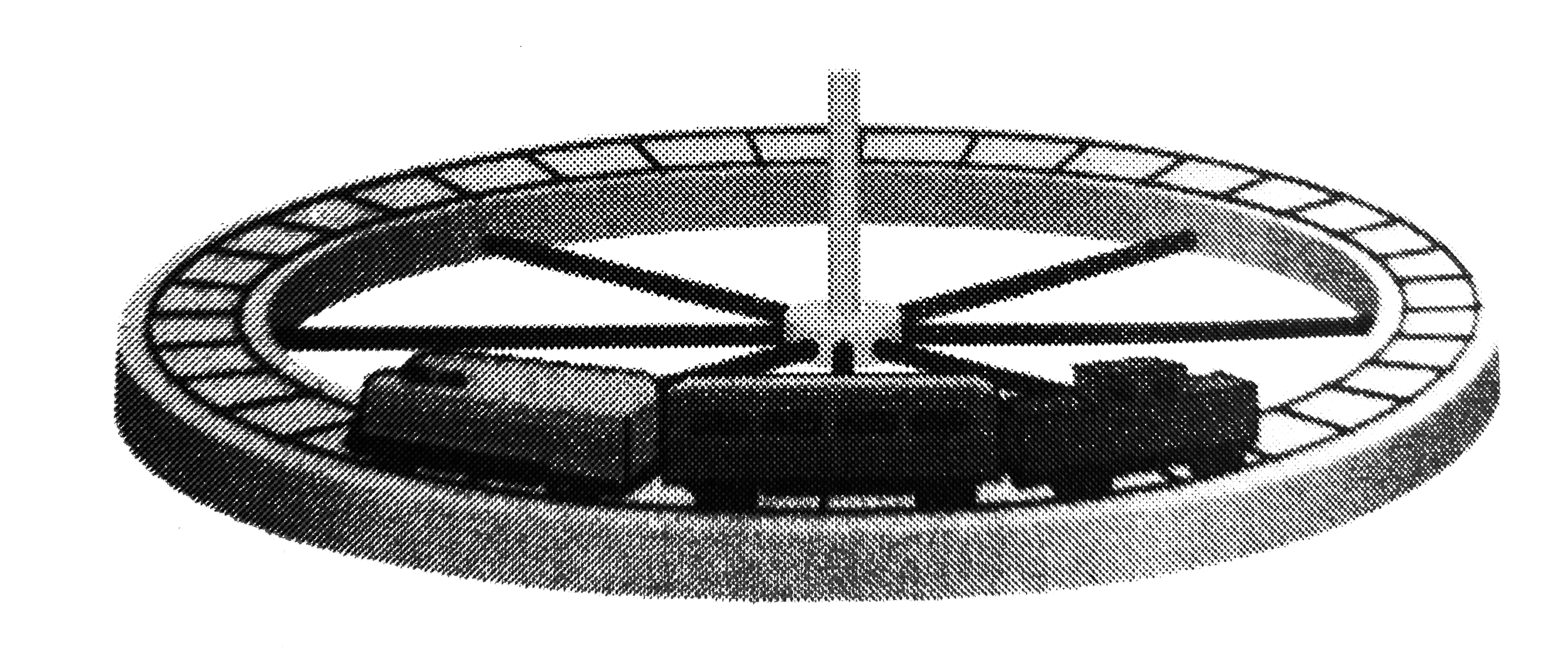 A track is mounted on a large wheel that is free to turn with neigligible friction about a vertical axis (Fig). A toy train of mass M is placed on the track and, with the system initially at rest, the train's electrical power is turned on. The train reaches speed v with respect to the track. What is the wheel's angular speed if its mass is m and its radius is r ? (Treat it as a hoop, and neglect the mass of the spokes and hub).   .