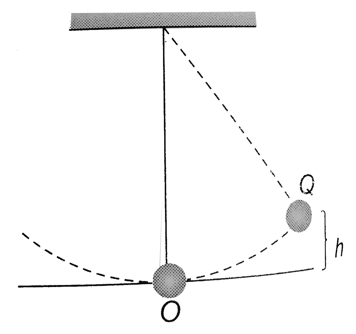 The bob of a simple pendulum it displaced position O to a equilibrium position Q which is at height it above O and the bob to then mass released Assuming the mass of the bob to be m and 2.0 sec of oscillation to be string when the bob passes through O is