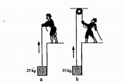 A block of mass 25 kg is raised by a 50 kg man in two different
ways as shown in Fig. 5.19. What is the action on the floor by the man in
the two cases? If the floor yields to a normal force of 700 N, which mode
should the man adopt to lift the block without the floor yielding?