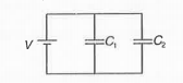 Two capacitors C1 and C2 of capacitances C/2 and C/4 are connected to a V volt battery, as shown in figure. The ratio of energy slored in capacitors C1 and C2 is