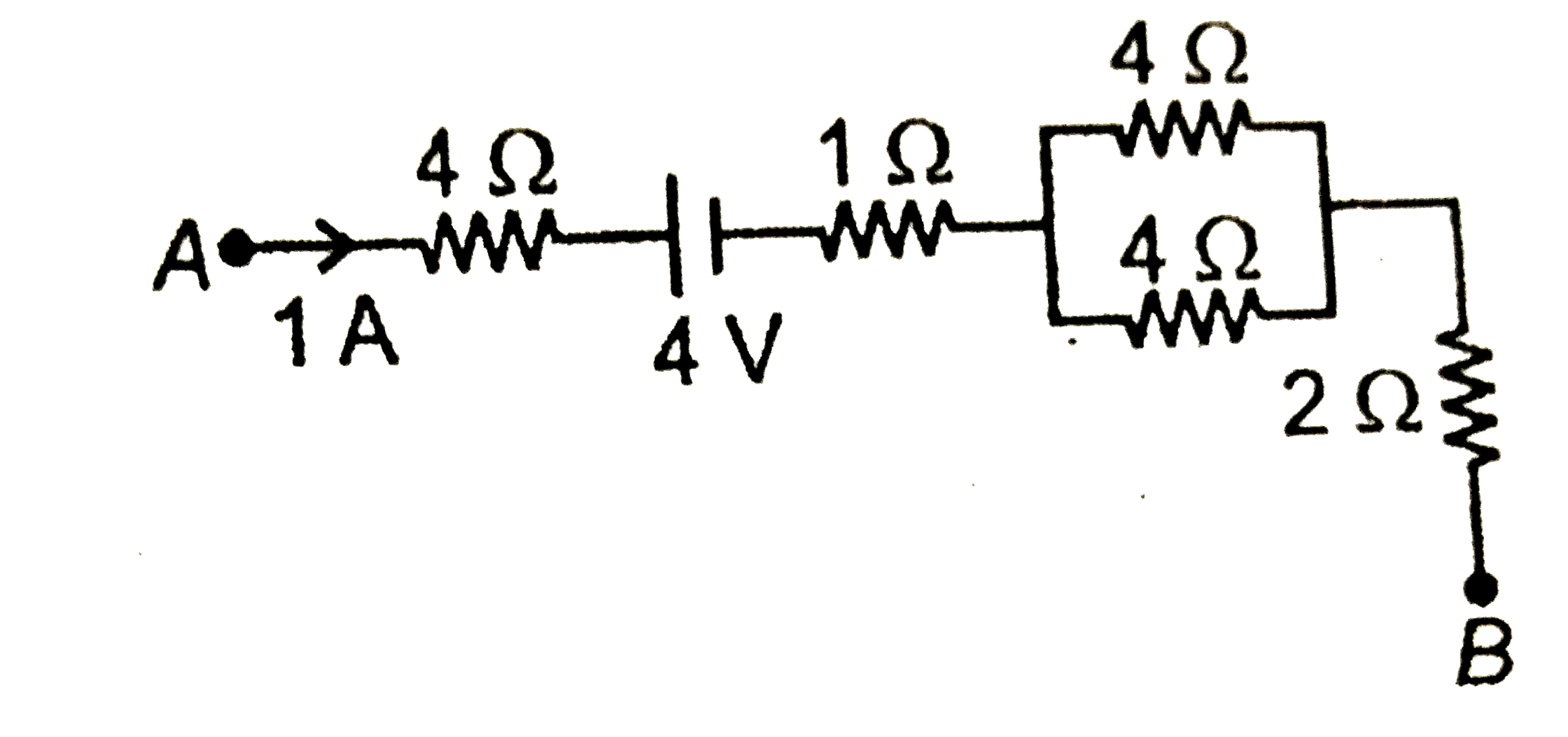 The potential difference (VA-VB) between the point A and B as shown in the figure is