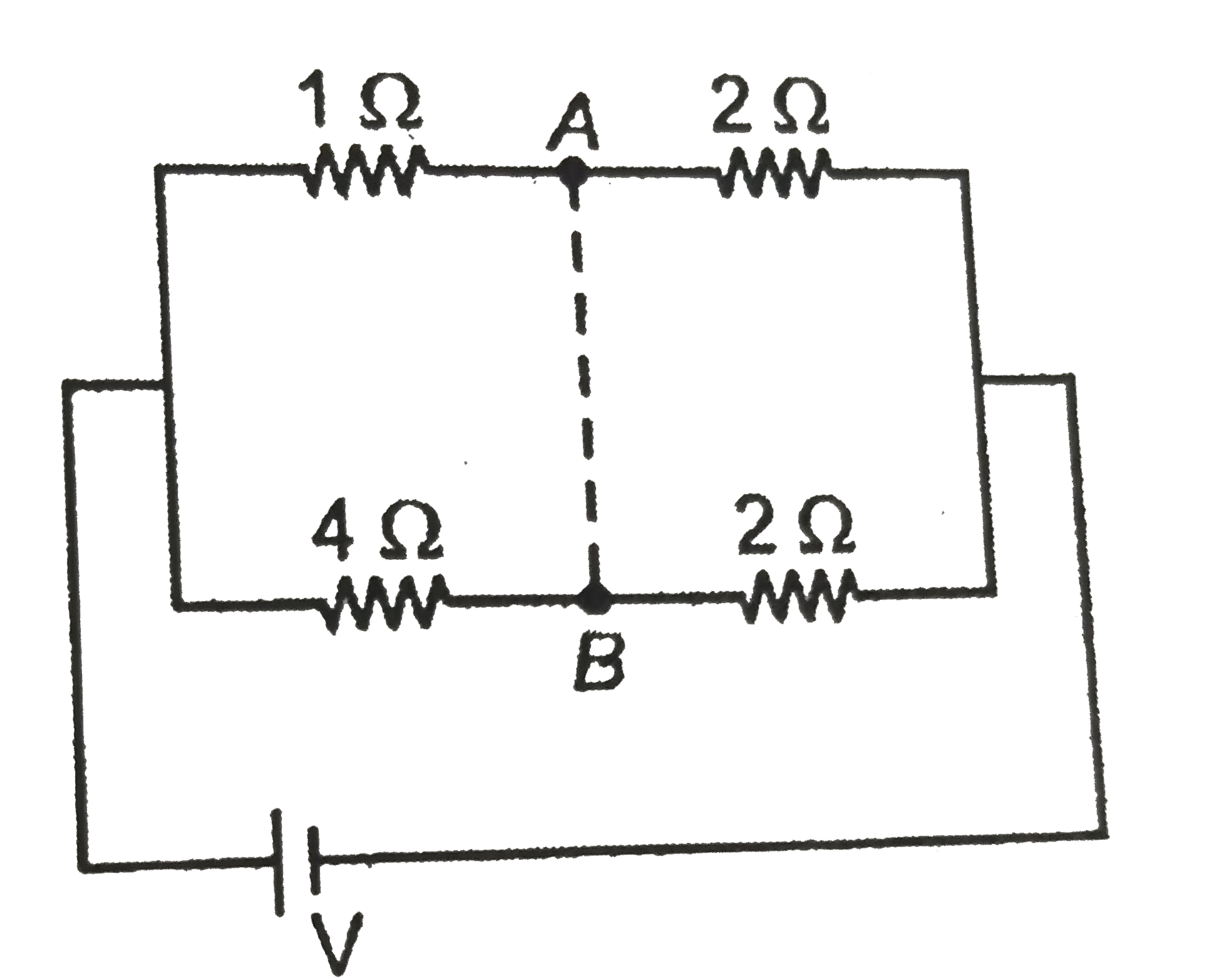 In the circuit shown in the figure , if a conducting wire is conneted between point A and B , thent the current in the wire AB will