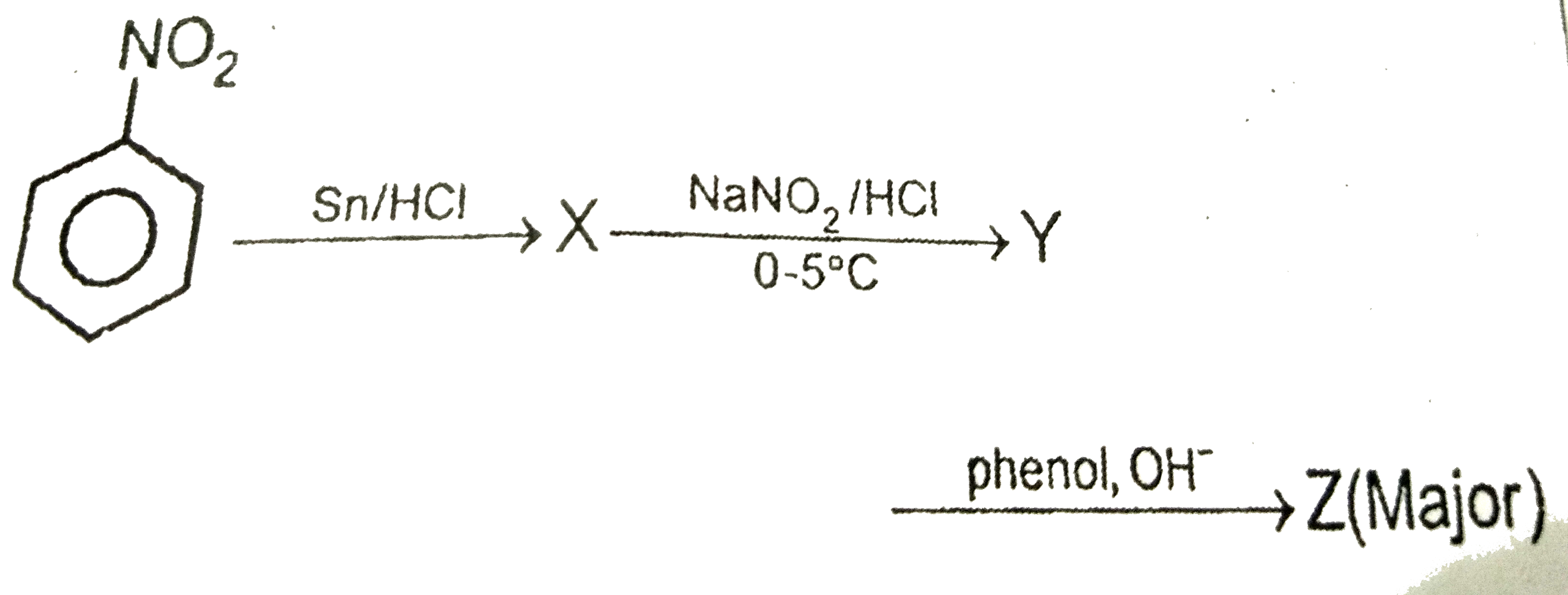 Nitrobenzene is a set of the following reactions yielded a coloured product 'Z'      The structure of Z would be