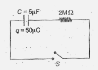 The  following  circuit  consist of   a 5 mu F  capacitor , having  charge 50 mu C  as shown . The  switch  is closed at  t = 0 . The  value  of current  in 2 M Omega  resistor  at t = 0  is .