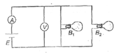 Two  identical bulbs are conneted  in parallel  across an ideal  source  of emf E . The  ammeter A  voltmeter  V are  ideal . If bulb B(2)  gets  fused  , then      .