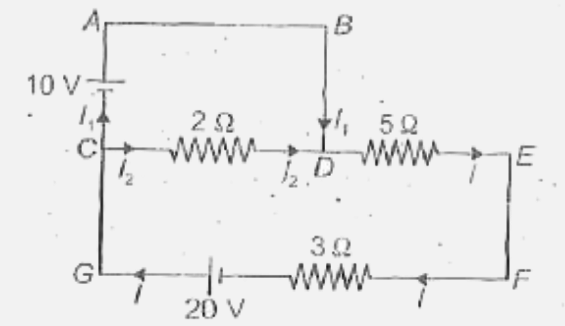 In the network shown in given figure  the current  l(1)  through  the 10 V battery .