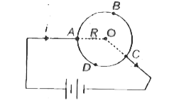 A uniform circular wire loop is connected to he terminals of a battery. The magnetic field inductioin at the centre due to ABC portion of the wire wil be (length of ABC =l(1), lengt of ADC =l(2))