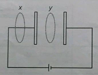 A parallel plate capacitor is charged by a battery as shown  in the figure. If two circular amperian loops x and y are drawn then oint bar(B).bar(dI) will be zero along