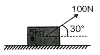 A block of mass 5 kg is placed on a rough horizontal plane . The coefficients of stastic and kinetic friction between the block and surface are 0*5 and 0*3 respectively. A force of 100 N is applied at an angle 30^(@) with the horizontal as shown in the figure . The acceleration of the block will be [ g = 10 m//s^(2)]