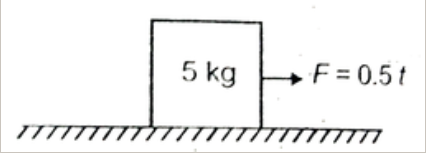 A block of mass 5 kg is kept on a rough horizontal surface. The coefficient of friction for the contact force block and surface are mu(s) = 0*1  and mu(k) = 0*9  respectively . A horizontal force F given by F 0*5t is applied at t = 0 . Here t represent time in seconds . Determine the force of friction and acceleration of the block at      (i) t = 1s        (ii) t= 10   s          (iii) t = 12 s