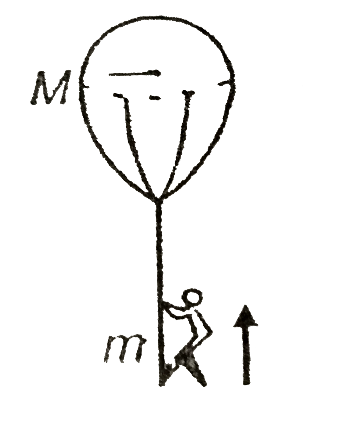 A man of mass m is suspended in air by holding the rope of a ballon of mass M. As the man climbs up the rope, the ballon