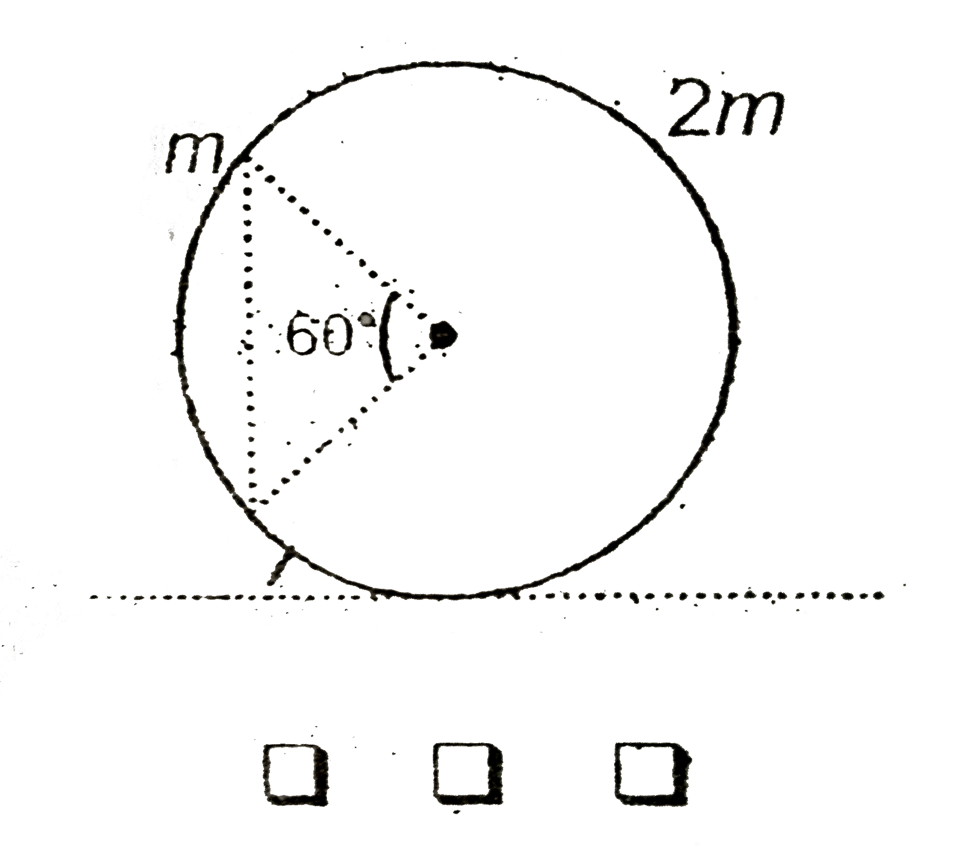 A particle of mass m is dropped in side a spherical shell of mass 2m and radius R as shown in figure. If the collision is perfectly in elastic and fricition is absent everywhere then find the maximum speed of the centre of the sphere.