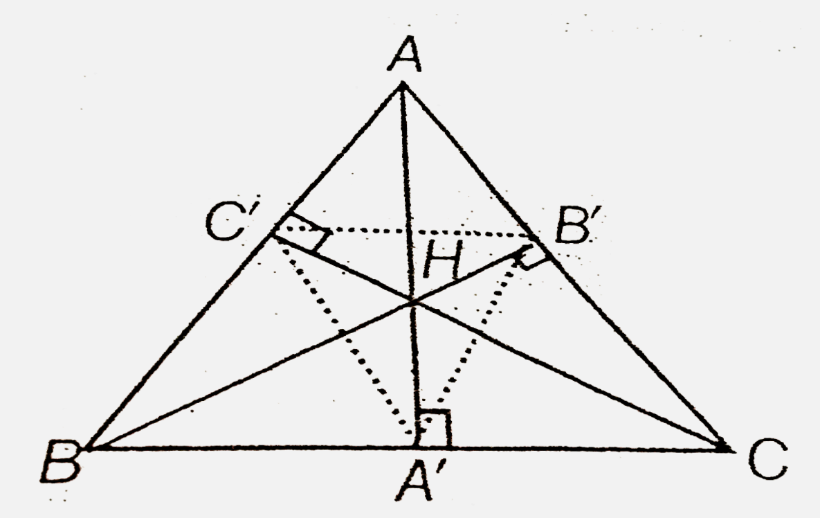 Consider a triangle ABC, and that AA', BB', CC' be the perpendicular form A, B and C upon the sides opposite to them. These three perpendicualrs meets in H, called the orthocenter of the triangle.The triangle A'B'C' formed by the feet of the perpendicular is called the pedal triangle of ABC. (Assume angleA, B, C ne 90^(@))      Suppose the triangle ABC have angles 60^(@), 70^(@) and 50^(@). Then the pedal triangle A'B'C' have angles given by