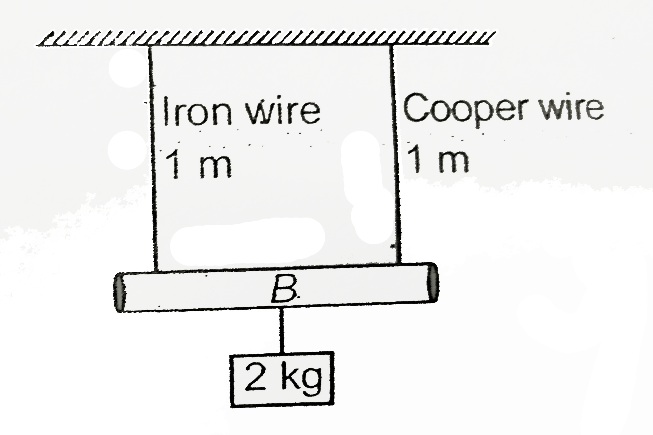 An iron rod B of length 1 m and mass 1 kg is suspended with help of two wires as shwon in figure. The area of cross-section of iron wire is 0.3 cm^(2) and of copper wire is 0.6cm^(2).      At what distance from iron wire a weight can be hung to produce equal stress in wires?