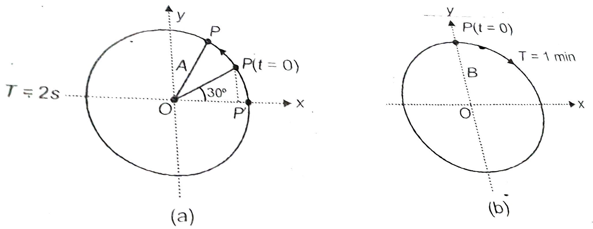 Figure depicts two circular motions. The radius of the circle, the period of revolution, the initial position and the  sense of revolution are indicated on the figure. Obtain the SHMs of the x-projection of the radius vector of the rotating particle P in each case.