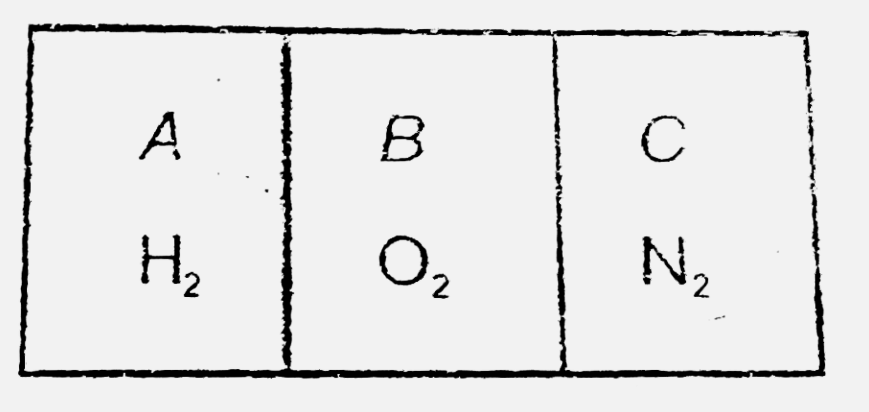 A container of capacity 30xx10^(-3)m^(3) is divided in three parts of equal vlume by two fixed semipermeable membranes. The part A contains 30 g of hydrogen gas, part B contains 160 g of oxygen and part C contains 70 g of nitrogen. The membrane separating A and B is permeable only to hydrogen while the other membrane is permeable to hydrogn as codlus nitrogen. if the temperature of the entire container remains fixed at 300K, what will be final pressure in each part well as?