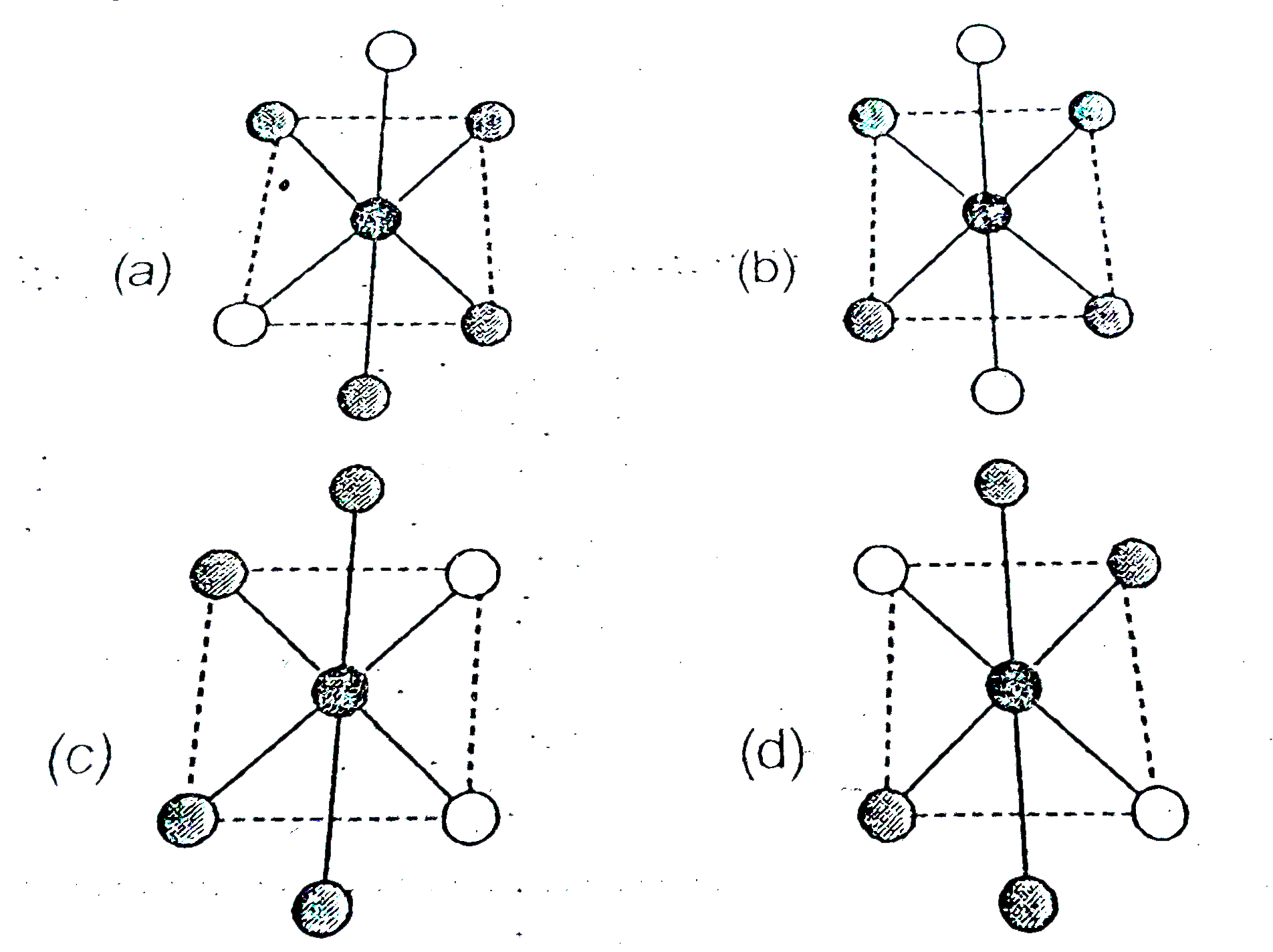Consider the following isomers of [Co(NH(3))(4)Br(2)]^(+) . The black sphere represent  Co, grey spheres represent NH(3) and unshaded spheres represent Br.         Which of the following are trans-isomers ?