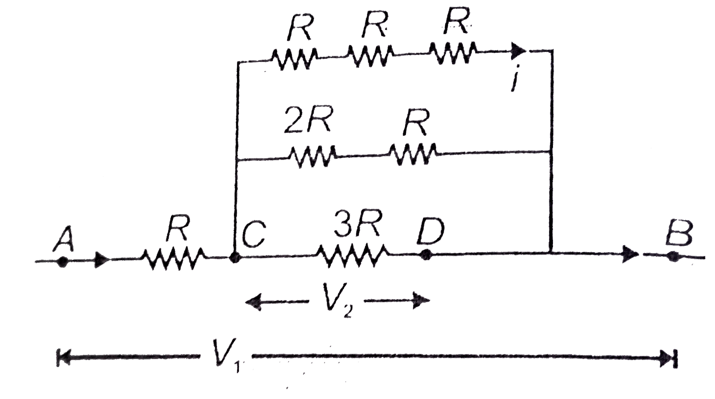 In the circuit shown, the potential differences, V(1) ( between A and B ) and V(2) ( between C and D ), are