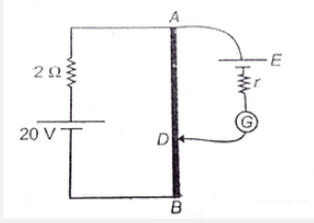 In the potentiometer circuit shown the galvanometer shows no deflection for AD = 35 cm. The resistance of wire AB is 18 Omega  and its length is 50 cm . Calculate the emf E of the cell