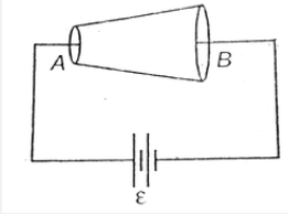 Figure shows a conical conducting wire connected to a source of emf. Let E, v(d) , I represent the electric field, drift velocity and current  at a cross-section of the wire. As one moves from end A to B of the wire