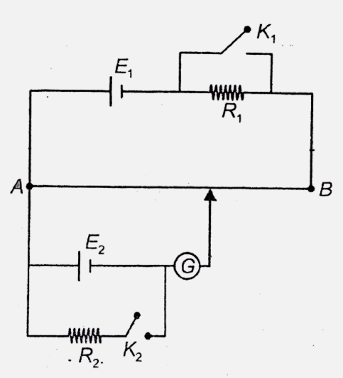 Figure shows the circuit of a potentiometer. The length of the potentiometer wire AB is 50 cm. The emf of the battery E, is 4 volt having negligible internal resistance. Values of resistances R(1) and R(2) are 15 ohm and 5 ohm respectively. When both the keys are open, he null point is obtained at a distance of 31.25 cm from  end A but when both the keys are closed, the balance length reduces to 5 cm only R(AB) = 10 Omega         Which of the following can be possible way to connect the batteries in the potentiometer setup above ?