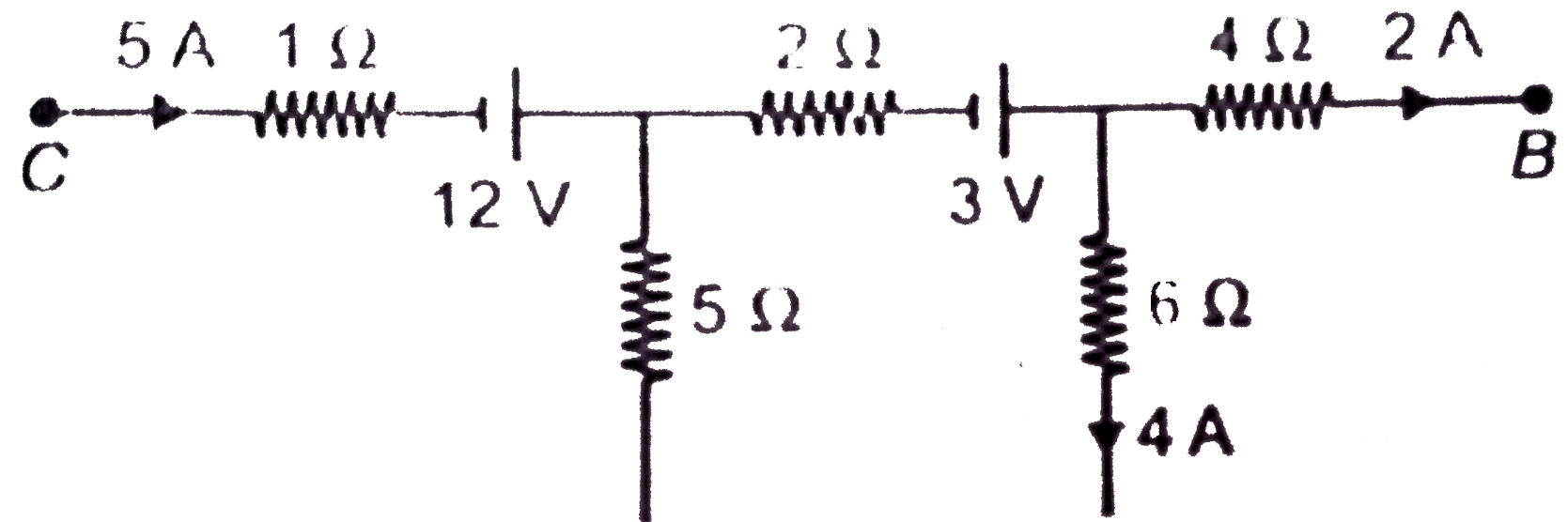 The figure shows part of certain circuit, find      (a) Power dissipated in 5 Omega  resistance.   (b) Potential difference V(C ) -V(B )