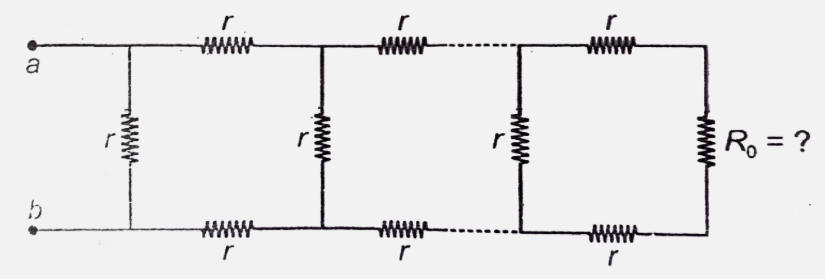 In the circuit  shown there are n repetitions of the same loop. What resistance R (0) should be connected across the end points , so that the equivalent resistance between a  and b may be independent of n ? What is this equal to ?