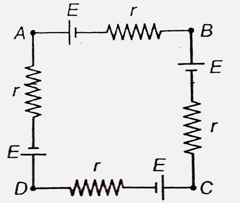 Four cells each of emf E and internal resistance r are connected in series to form a loop ABCD. Find potential difference across (1) AB, (2) AC