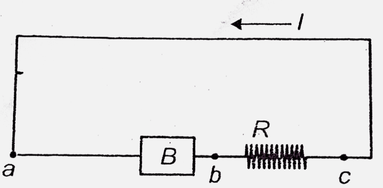 Figure shows a battery B having emf  resistor having resistance R in a closed circuit.   (1) Show arrow for emf E of the battery B.   (2) Arrange  points a,b,c in decreasing  order of magnitude of current   (3) Arrange  points a,b,c in decreasing order of electric  potential .   (4) Arrane points  a,b. In increasing order of electric potential energy of charge carriers.