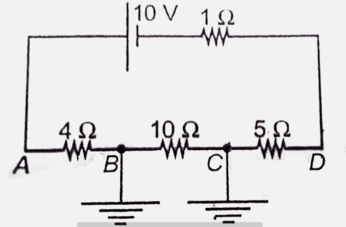 In the electrical circuit shown, points B and C are earthed . Find the potentials  of points A and D .