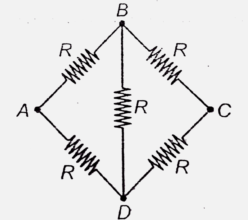 Five equal resistance each of value R are connected in a circuit . Find equivalent resistance of the network between points A and C