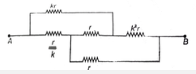 Find the equivalent resistance of the network shown in figure between points A and B.      where k is a positive constant.